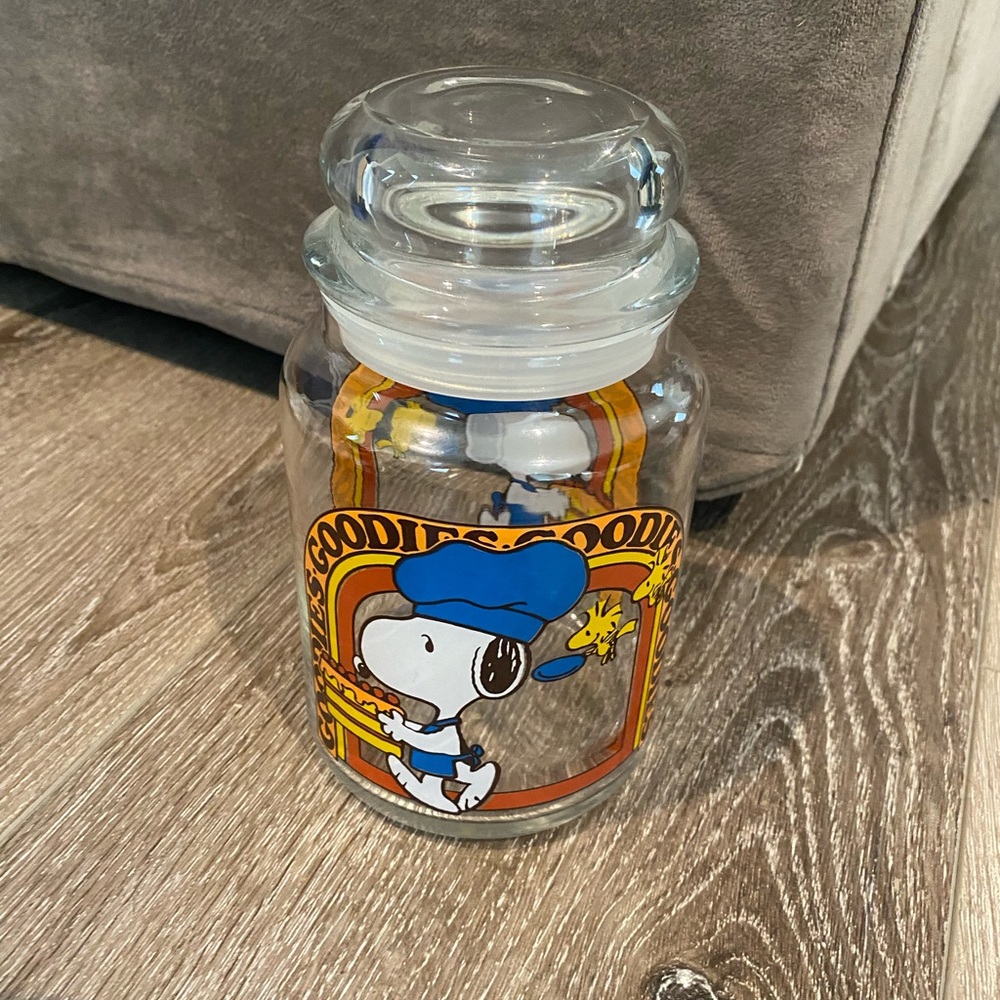 Vintage 1965 Snoopy Goodies glass jar canister with Chef Snoopy and Woodstock
